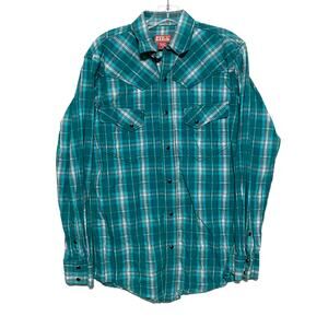 Red Ranch Plaid Long Sleeve Western Pearl Snap Shirt Mens M Cowboy Rodeo Country